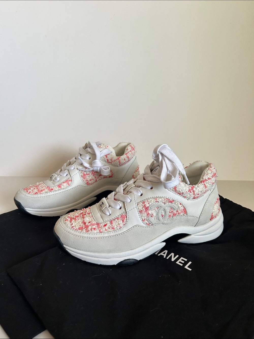 CHANEL White & Pink Tweed Runner Sneakers - Women's Luxe Trainers